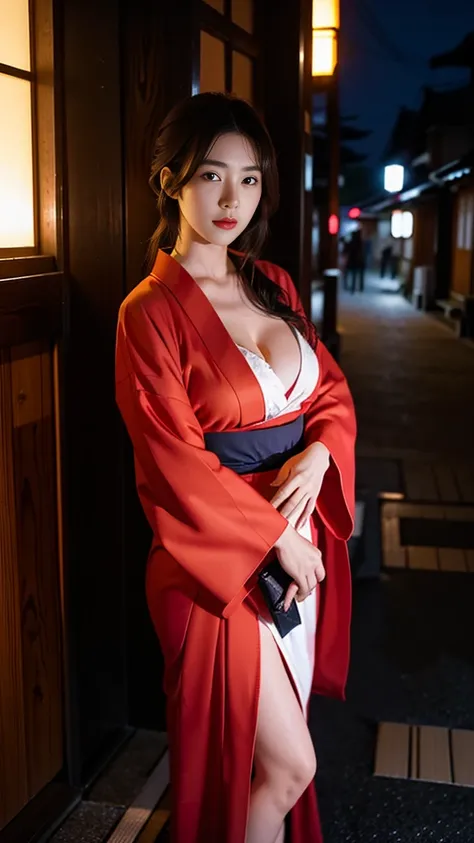 one girl,Beutiful women, In a corner of Kyoto,At night,Wear a red kimono,Large Breasts