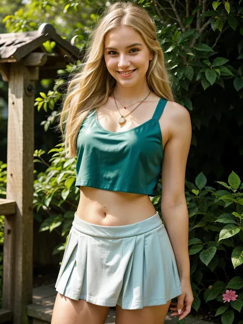 A young woman with long, blonde hair stands outdoors in a well-lit, sunny environment. She wears a fitted, sleeveless purple crop top and a high-waisted, extremely short and revealing black pleated mini skirt made of a leather-like material. She has a smal...