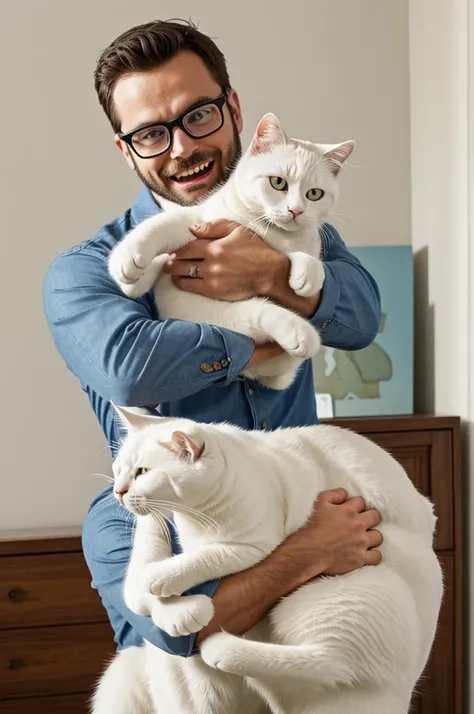 Create a humorous image of a man with glasses holding a white cat and pretending to bite its head. The man should have an exaggerated, silly expression, and the cat should look unbothered or slightly amused. The background can be a simple room setting, foc...