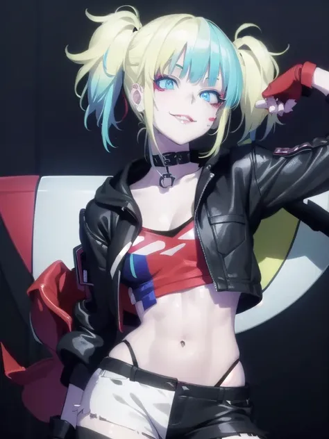 harleyquinn, harley quinn, bangs, blue eyes, blonde hair, twintails, blue hair, multicolored hair, choker, gradient hair, makeup, piercing, pink hair, lips, lipstick, red lips, smile, grin,
BREAK thighhighs, gloves, navel, cleavage, jewelry, jacket, open c...