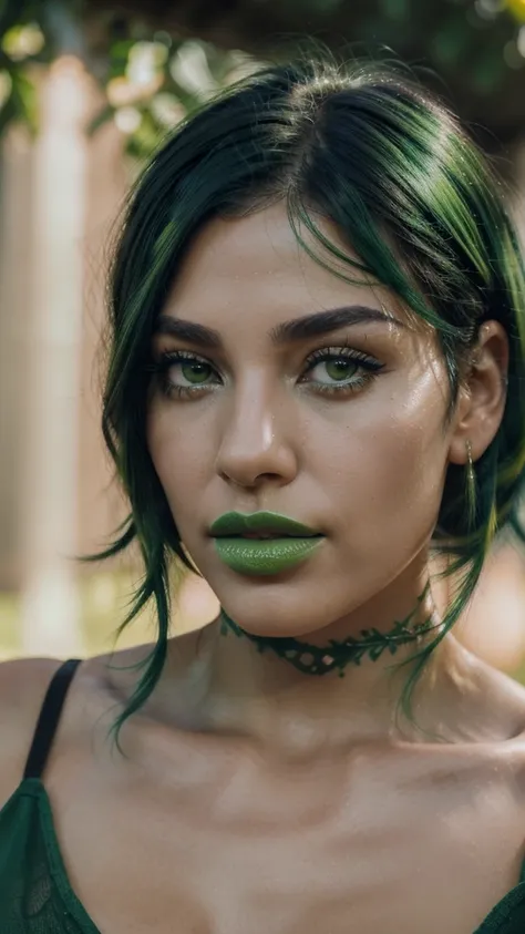 8k, close up photo-realistic portrait of beautiful 29 year old Brazilian woman, ((black and green hair, , light green eyes, pink lipstick, ))