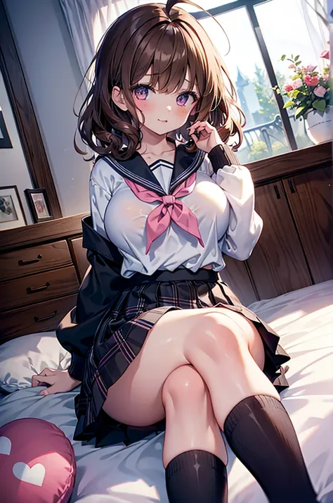 masterpiece, One girl,  Brown haired girl, Wearing a sailor suit, Curly medium hair, The body is slim,  Pink eyes, Ahoge, Baby Face, Huge breasts, Beautiful breasts, Round Breasts, Long sleeve, Beautiful Eyes, Black knee-high socks, , skirt, black skirt, p...