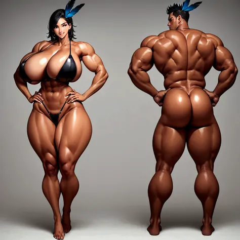 (best quality, high resolution, Artwork:1.2), standing, posing, smiling, Horny, Latin Beauty, (((Huge male bodybuilder:1.15))), huge muscular ass, (wide hips), (Slim waist) , (((Broad shoulders))), ((((huge breasts)))), nervous, (black hair), feather crown...