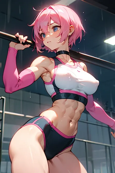 Rainy Town、Athlete girl、Pink Hair、short hair、Black choker、Big Breasts、During training、Trained abdominal muscles、Erect nipples、White wear