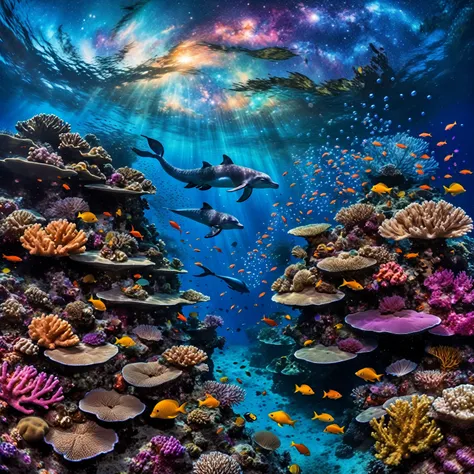 the image showcases a hyper-realistic and fantastical style, blending elements of underwater photography with digital art touches.(( A diver in full gear explores a vibrant coral reef )), surrounded by multicolored fish that emit pulsating lights. ((Small ...