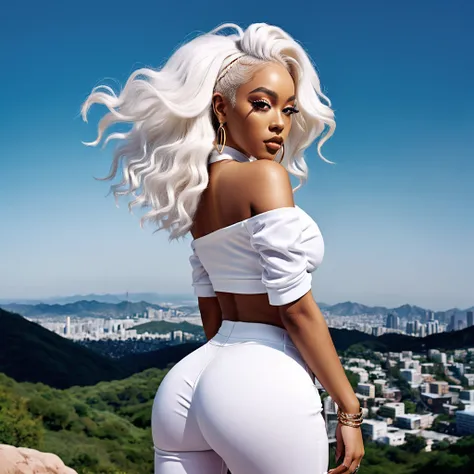 Promotional Photo for Pop Rap Album AGORA HILLS by artist called Doja Cat, City, full body, big, sensual ass, giant white hair,