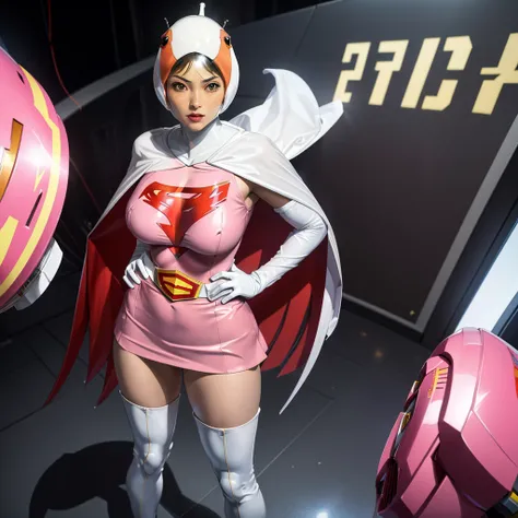 ANI_CLASSIC_jun_gatchaman_ownwaifu,1girl, 15yo,good anatomy, masterpiece, best quality,realistic, hyper realistic, 16k hdr, long hair,breasts,lips,large breasts,lipstick,makeup,gloves,cape,helmet,belt,elbow gloves,white gloves,mask,ultra miniskirt,leotard,...