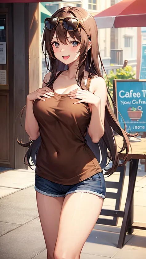 Brown Long Hair, Touching the chest, Short Pants, laughing, 20-year-old, Cafe, Big Breast, Sunglasses on head, City