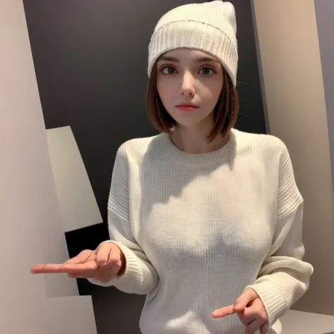 straight hair, white skin, looking at camera, white sweater, white beanie,