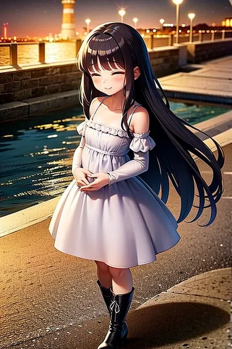 twilight, nightfall, tall lanterns, dusk sea on the background, lighthouse far away, city garden, beautiful, masterpiece, 1-girl, teen aged, long lolita style white dress, happy face, closed eyes, blush on the cheeks, A hand is outstretched towards me, ver...