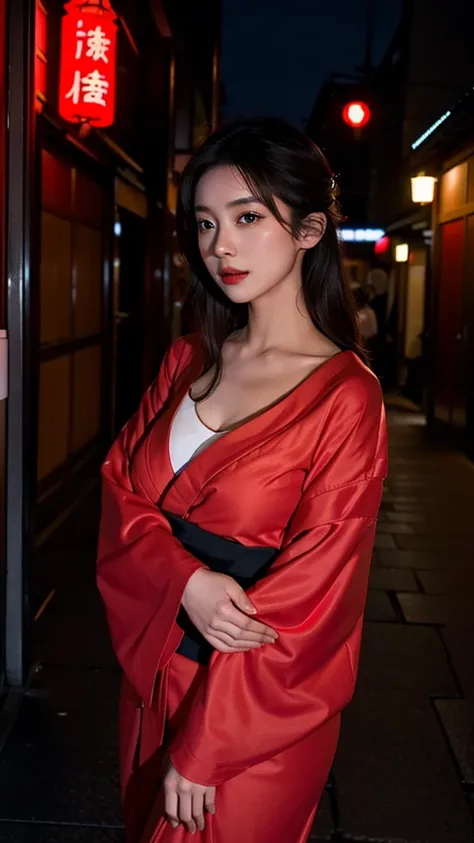 one girl,Beutiful women, In a corner of Kyoto,At night,Wear a red kimono,Large Breasts