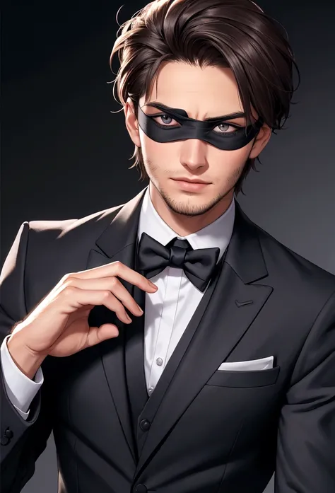 young handsome man with blindfold in a suit, light stubble, face centered in the lens, square jaw
