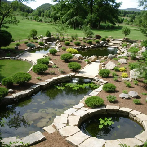 stone garden, ponds, vegetation, bansai