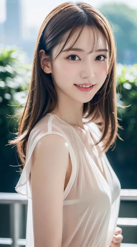 1womanl, smile,mideum breasts, light brown hair, Blunt bangs, hair behind ear, hair over shoulder, Long hair, slender body shape, Ultra Fine Face, Thin face, Delicate lips, Beautiful eyes, thin blush, eyes are light brown, perfect glossy skin, flawless ski...