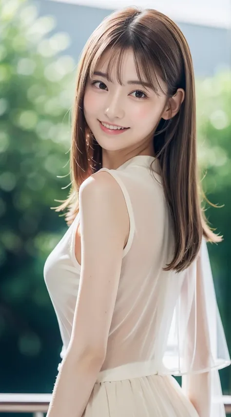 1womanl, smile,mideum breasts, light brown hair, Blunt bangs, hair behind ear, hair over shoulder, Long hair, slender body shape, Ultra Fine Face, Thin face, Delicate lips, Beautiful eyes, thin blush, eyes are light brown, perfect glossy skin, flawless ski...