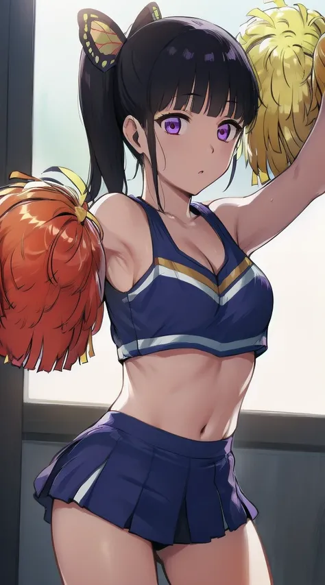 1girl,
BREAK (( kanao tsuyuri, black hair, butterfly, butterfly hair ornament, (purple eyes:1.1), side ponytail, ponytail,
:1))
BREAK ((cheerleader:1.5))
BREAK indoors,
BREAK looking at viewer, 
BREAK (masterpiece:1.2), best quality, high resolution, unity...