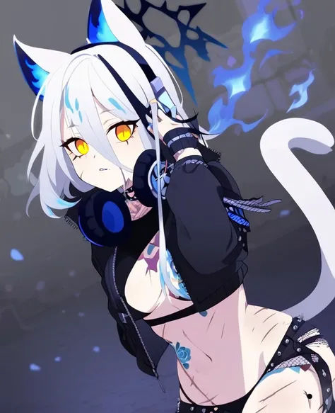 Make me a VTuber design. A girl with a mature body. Long white hair that has blue fire on the tips of them. Cat ears with blue fire in them. A cat tail with blue fire at the end. Yellow eyes with black scleras, scars on her body. A goth/rockstar like outfi...