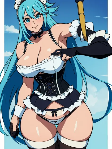 1 girl, Aqua Konosuba, looks at the viewer smiles, sexy pose, (maid costume, черные stockings, black gloves, Black corset, white panties, stockings) , big breasts, middle thighs