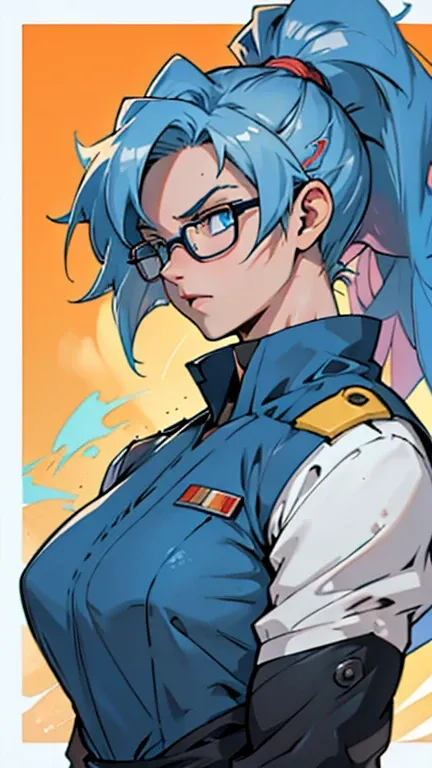 Anime, 1 girl, solo, super saiyan, very large ponytail, bright-cyan colored hair, blue eyes, round glasses, medium strong body, medium bust, militarys uniform