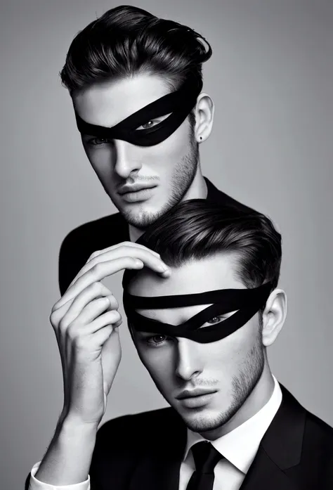 young handsome man with blindfold in a suit, light stubble, face centered in the lens, square jaw