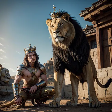 warrior on his knees holding his helmet and in the background a lion wearing a crown