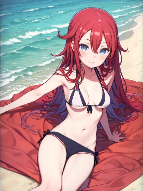 (One Girl)、Flat Color、Red color hair、long hair、Hair between the eyes、Big Breasts、Huge breasts、Blue Eyes、Bikini Swimwear、Sexy Swimwear、Sexy pose、Smiling、Lie on your back on the sandy beach、Angle from above、