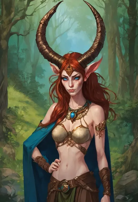 Satyr woman with horns, sorceress, an amazon, red unkempt shoulder length hair,  in the clothes of a traveler, Blue eyes, slim, legs with hooves similar to the legs of a demon and with hair, There are birthmarks on the shoulders of a dark green cape, decor...