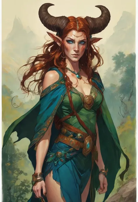 Satyr woman with horns, sorceress, an amazon, red unkempt shoulder length hair,  in the clothes of a traveler, Blue eyes, slim, legs with hooves similar to the legs of a demon and with hair, There are birthmarks on the shoulders of a dark green cape, decor...