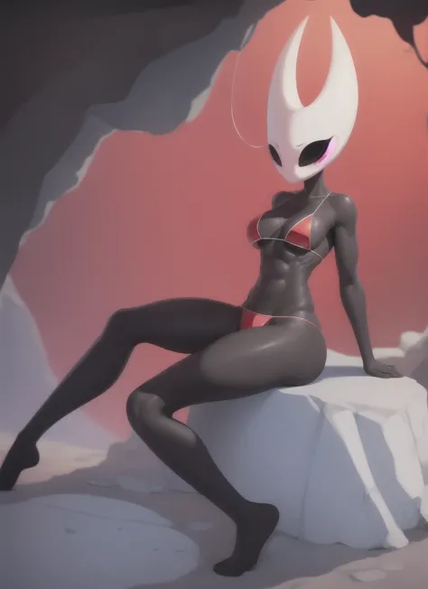 hornet, cute, chibi, no feet, furry girl, slim,anthro, thread, solo, red panties, bare feet, sits,  hands behind his back , full body, red bikini, (best quality), (detailed dark cave background:1.2), looking at viewer,  flat colors, big breasts, no nipples...