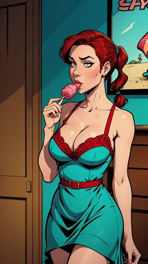 Woman brunette,red hair and pigtails,elegant turquoise dress. sucking a lollypop,attractive,busty. Comic style 