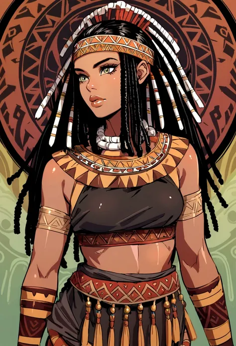 "(best quality,ultra detali),skin&#39;ebony,skin&#39;ebonyned female:1.1,beautiful detailed eyes,beautiful detailed lips,dreadlocks brancos,thick,tribal warrior outfit,not too hard,confident posture,exotic background,sharpness,shiny colors