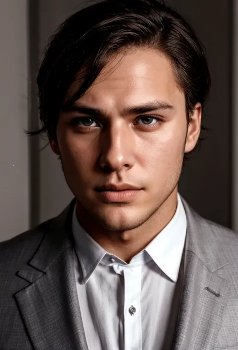 young handsome man with blindfold in a suit, light stubble, face centered in the lens, square jaw
