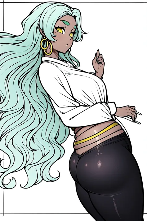 Beautiful anime-style girl, long green hair slightly curly, dark skin, yellow eyes, black pants, wide plain white shirt with no print, hoop earrings, eyebrow piercing, small breasts, wide hips, thick thighs, big ass