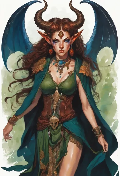 Satyr woman with horns, sorceress, an amazon, red unkempt shoulder length hair,  in the clothes of a traveler, Blue eyes, legs with hooves similar to the legs of a demon and with hair, There are birthmarks on the shoulders of a dark green cape, decorations...