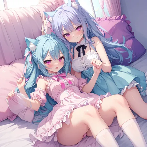 nsfw,Two Girls,ffm, lying down,Lift both legs,Sex,panties,penis,Light blue hair,Light pink hairstyles，Cat ear，Pink Eyes，light blue lolita，White socks，,Pink ribbon,Laughing with your mouth open,Best image quality,Highest quality