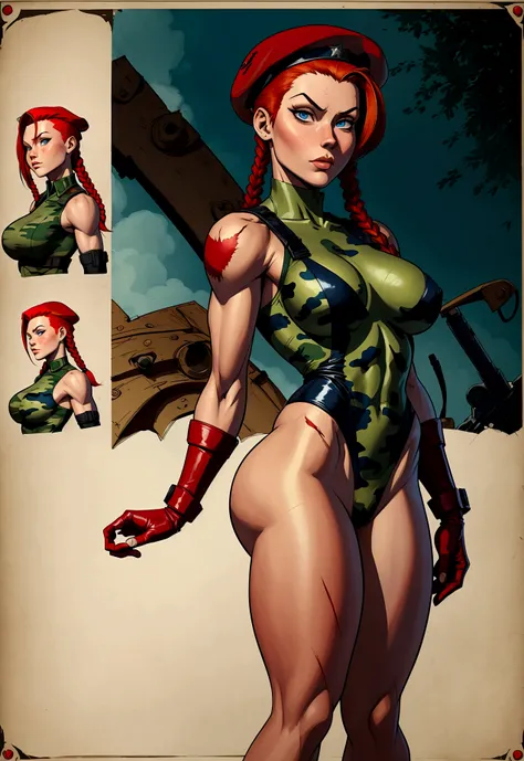 (Shadman art:1.2),((masterpiece)),(((best quality))),((character design sheet)), concept, poses, masterpiece, best quality, highres, 1girl, cammy white, twin braids, long hair, blonde hair, antenna hair, beret, military gear, (red headwear:1.3), blue eyes,...