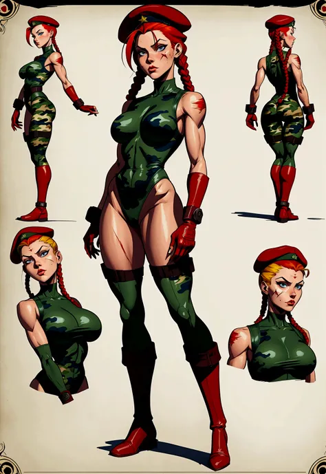 (Shadman art:1.2),((masterpiece)),(((best quality))),((character design sheet)), concept, poses, masterpiece, best quality, highres, 1girl, cammy white, twin braids, long hair, blonde hair, antenna hair, beret, military gear, (red headwear:1.3), blue eyes,...