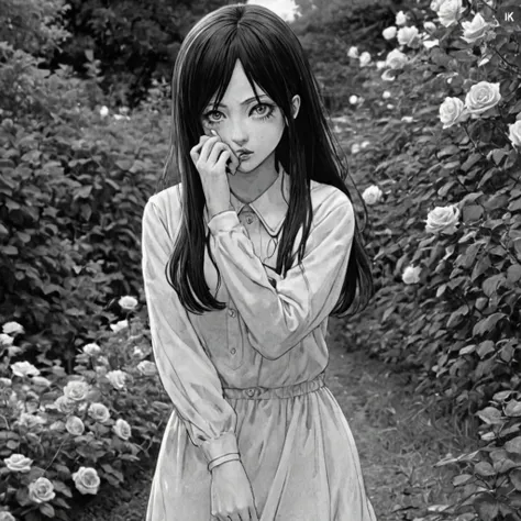 1girl, blood roses flowers garden, (anime), bizarre scenario, This is Junji, Yusuke Murata, black and white, 8K, anime, horror