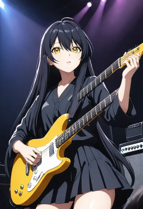 miko yotsuya playing guitar in concert (yelllow eyes)   black long hair