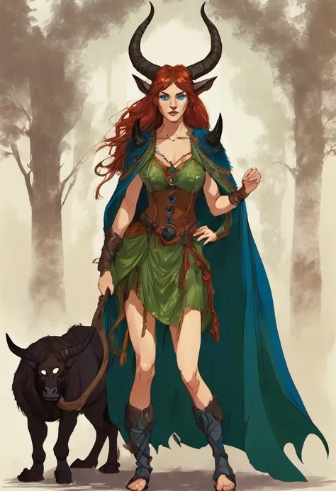 Satyr woman with horns, sorceress, an amazon, red unkempt shoulder length hair,  in the clothes of a traveler, Blue eyes, legs with hooves similar to the legs of a demon and with hair, There are birthmarks on the shoulders of a dark green cape, decorations...