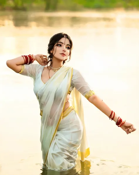 woman in white sari walking in water with her arms outstretched, stylish pose, traditional beauty, dressed in a sari, wearing a sari, beautiful pose, attractive pose, assamese aesthetic, beautiful goddess, indian goddess, movie stills photography, wearing ...