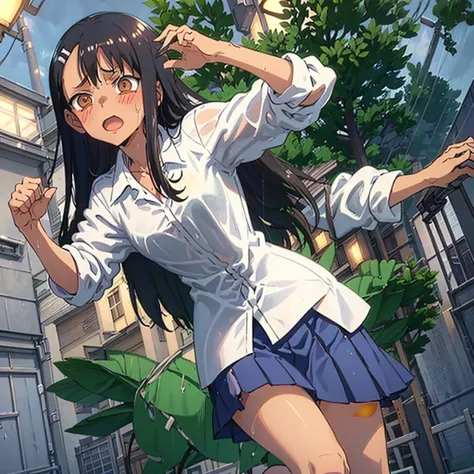 Nagatoro hayase, 1girl, standing, slim, ((wet white shirt, blue skirt)), surprised, angry, (hands above head), black hair, brown eyes, long hair, blush, bare legs, , outside, on street, ((in rain, dark, street light)), masterpiece, detailed, high quality