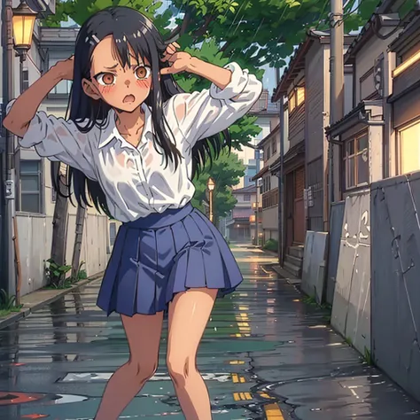 Nagatoro hayase, 1girl, standing, slim, ((wet white shirt, blue skirt)), surprised, angry, (hands above head), black hair, brown eyes, long hair, blush, bare legs, , outside, on street, ((in rain, dark, street light)), masterpiece, detailed, high quality