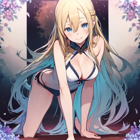 (One Girl)、Flat Color、Blonde Hair、long hair、Hair between the eyes、Big Breasts、Huge breasts、Blue Eyes、Bikini white swimsuit、Sexy Swimwear、Sexy pose、Smiling、On all fours、Angle from below、Watching the audience、Cleavage、Sandy Beach、