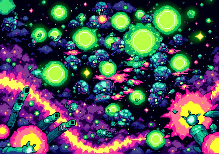 Elements: Pixel art space invaders that move and attack to the music. A pixel art cannon fires beams of light to destroy invaders.

• Colors: Fluorescent shades of green, pink and yellow.

• Animation: Space invaders move and attack to the music, the canno...