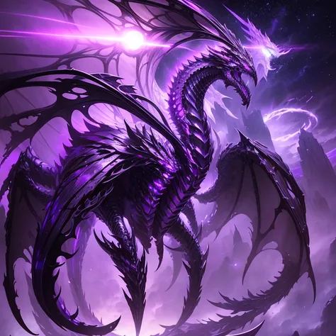 a futuristic three headed purple glowing eyes robotic silver scaled giant hydra with giant wings, universe, highly detailed, purple wind