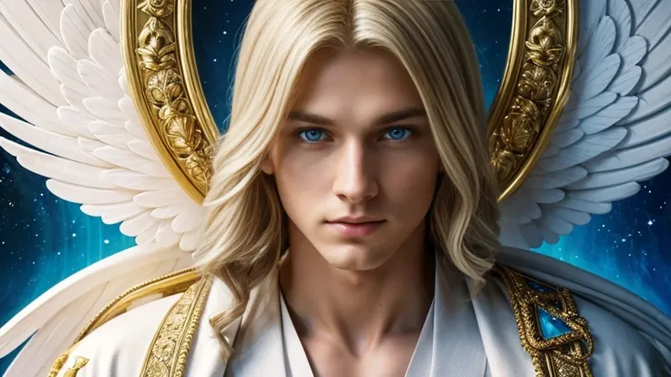 This blond, blue-eyed angel man is a mesmerizing painting, his white and gold robes capturing every intricate detail with stunning clarity and depth. The ethereal aura of this angel is palpable, and his presence emanates a mystical energy that seems to lea...