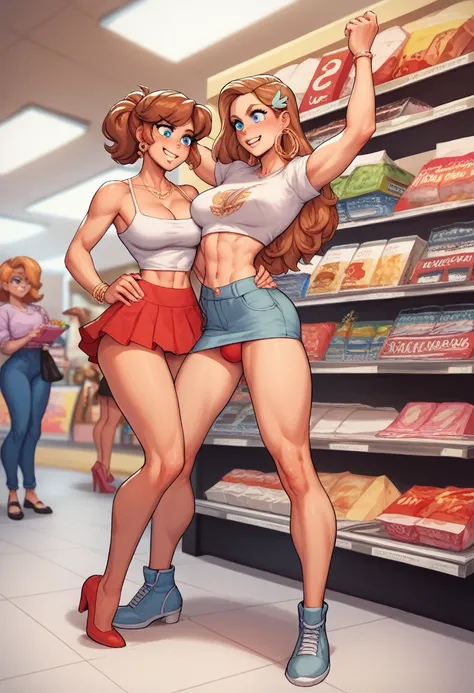 A most Beauty mother-in-law　tiny height, ,　shopping　Supermarket　brown Hair　long hair　girly hairpin　White knitted crop top　((Mother and teendaughter have the most beautiful breasts)),　micromini skirt　squat, broken home, gangs, (masterpiece), best quality, e...