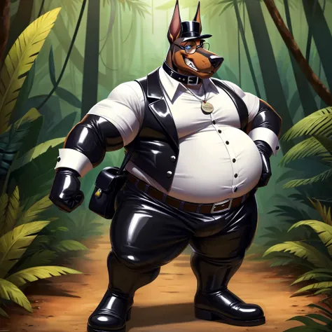 Solo, Male, fat, extremely obese, gentleman, dapper Professor Doberman, blue eyes, (posing:1.3), (soft shading), 4k, hi res, ((detailed face, detailed)), looking at viewer, evil grin, jungle, forest, collared shirt with buttons, top hat, male focus, Explor...