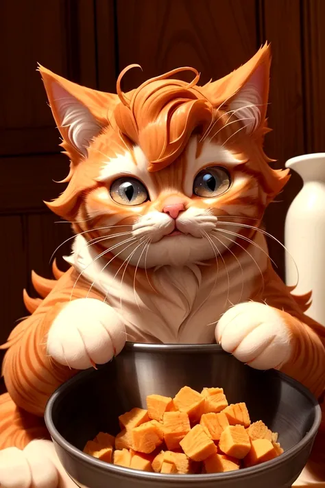 In the kitchen, Oliver, the fluffy cute ginger cat, found his bowl filled with his favorite food. His whiskers twitched with excitement, and his face showed pure joy as he began to eat, savoring each bite with a satisfied purr. (good quality:1.2), (Ultrade...